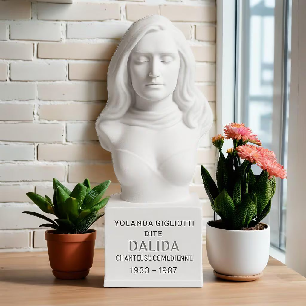Buste Dalida en impression 3D personnalisable – Statue décorative unique – Sculpture cadeau fan de musique (25 cm / 37 cm)