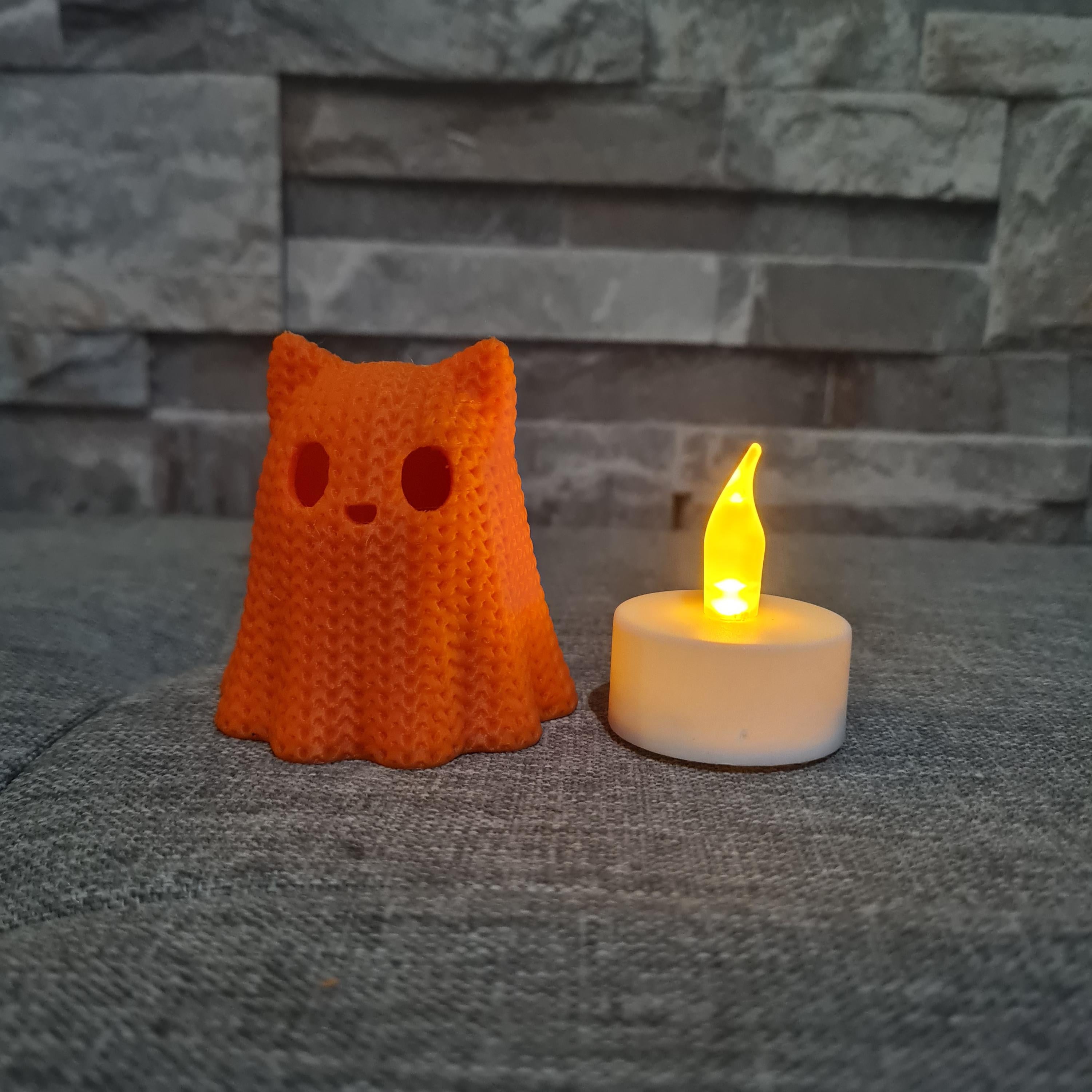 Chat Fantôme effet tricot – Photophore Halloween – Impression 3D avec bougie LED