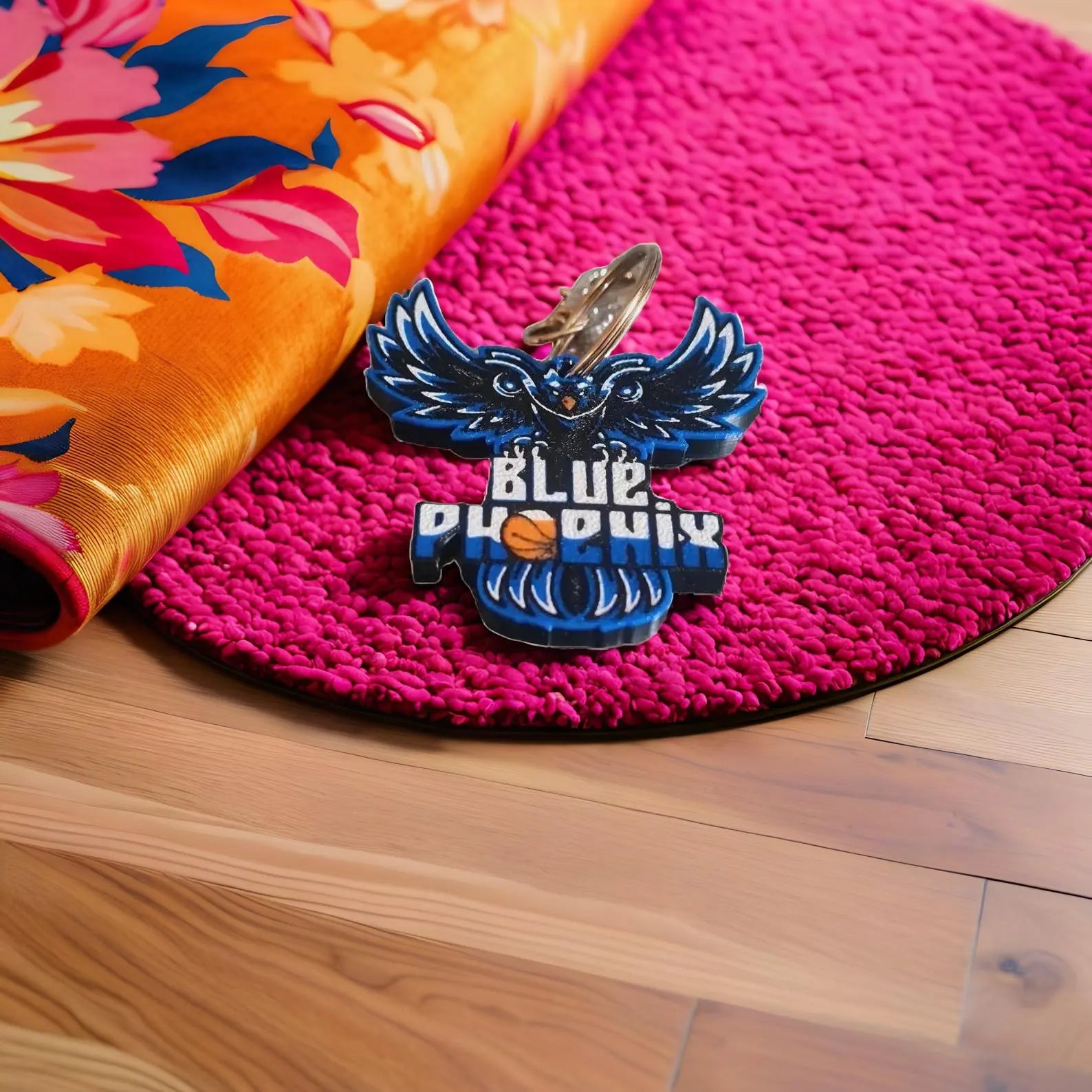 Porte-clés Blue Phoenix basket – Logo équipe locale – Cadeau supporter personnalisé avec prénom gravé