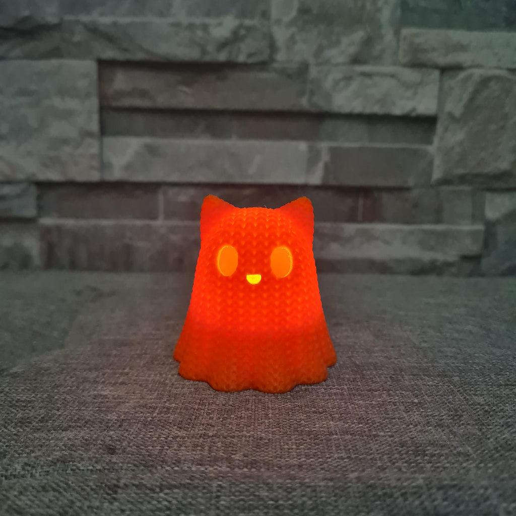 Chat Fantôme effet tricot – Photophore Halloween – Impression 3D avec bougie LED
