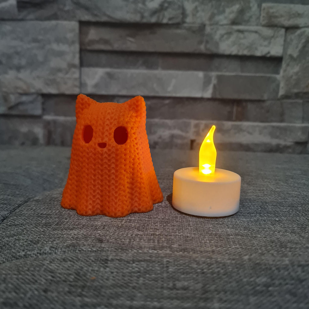 Chat Fantôme effet tricot – Photophore Halloween – Impression 3D avec bougie LED